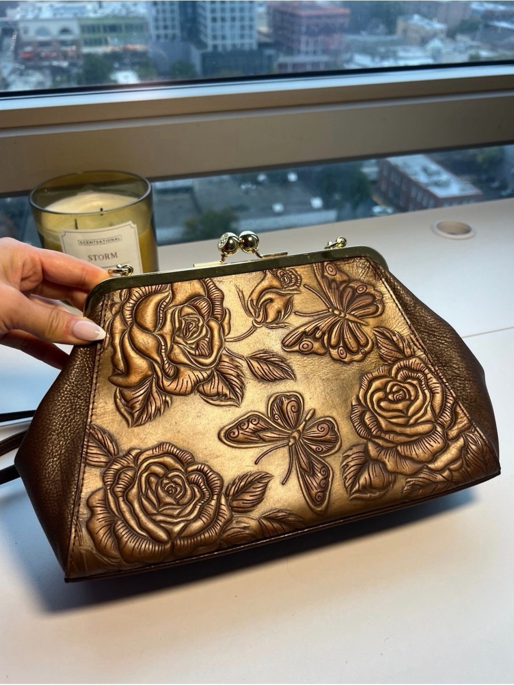Anuschka Metallic Bronze Embossed Floral & Butterfly Shoulder Bag